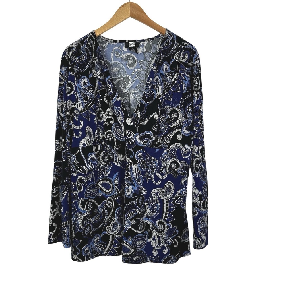 Studio 1940 Women's Top 22-24W Faux Wrap Blouse Blue Gray Whimsy Paisley 90s Y2K